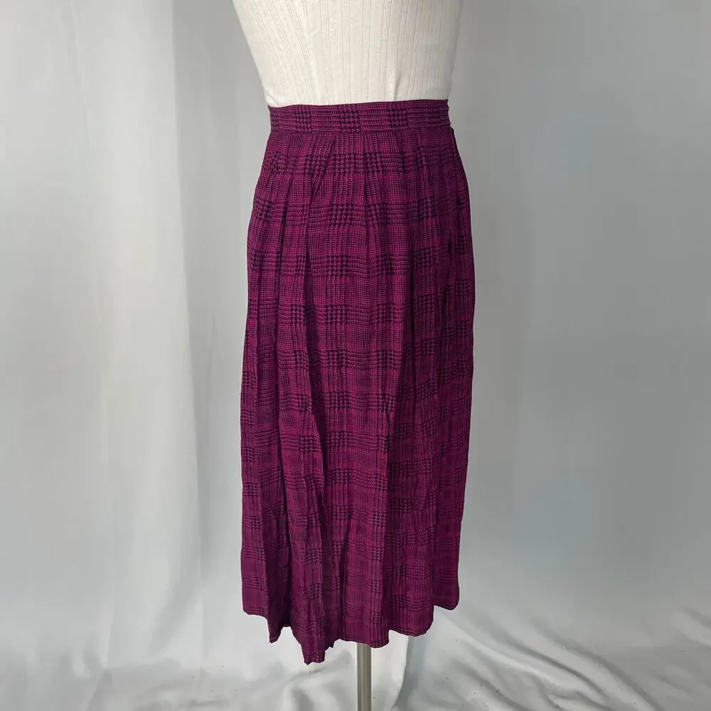 Vintage Pleated Skirt Size 8 Burgundy Black Houndstooth Midi Preppy Academia 90s